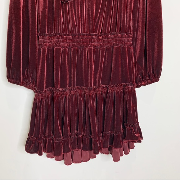 MISA Lorena Velvet Mini Dress (Sz L) V-Neck Long Sleeve Tassels Wine - Picture 5 of 11